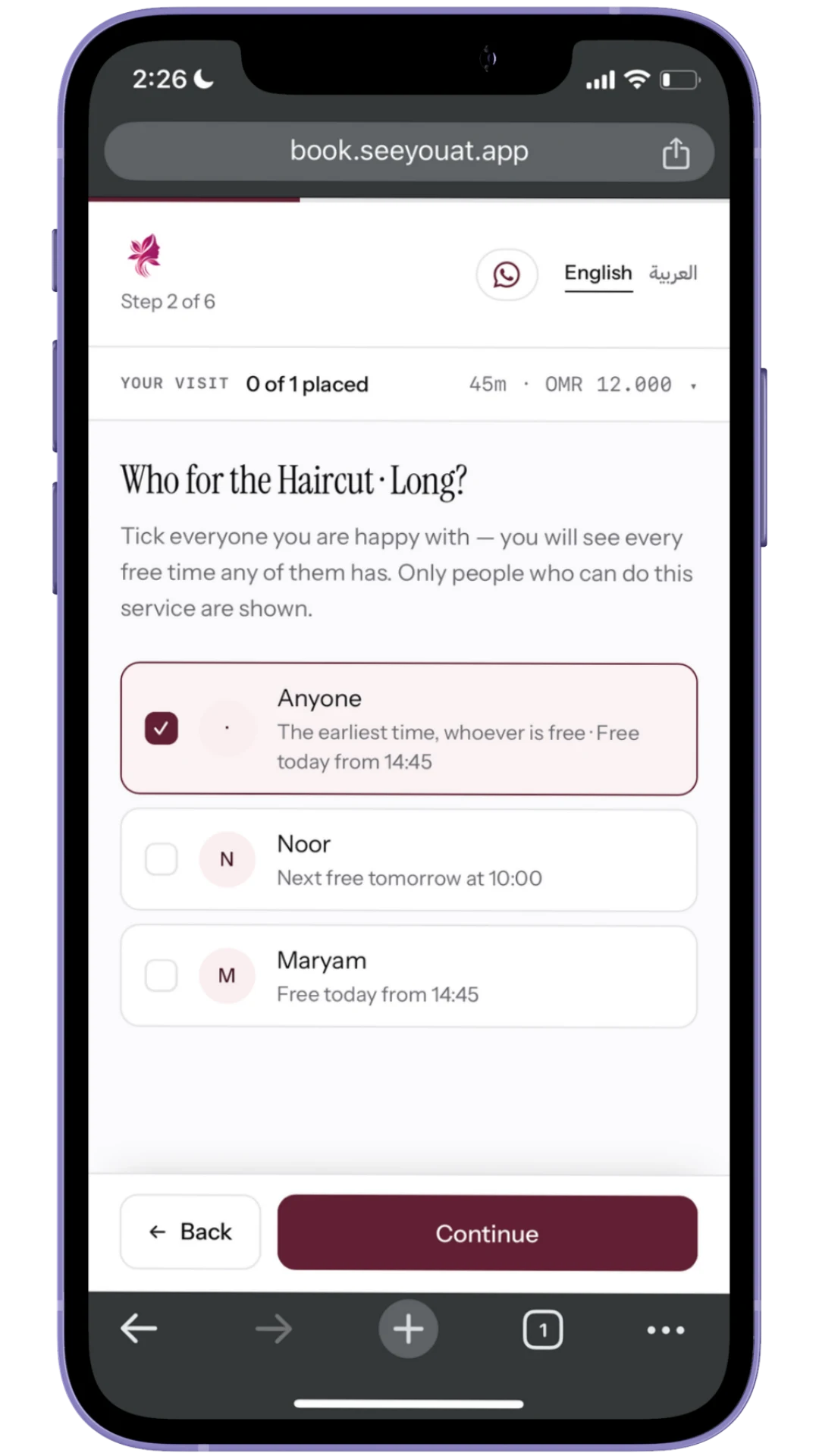 Booking page · Who